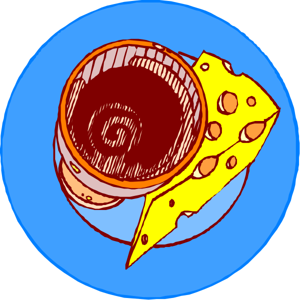 The image shows a cup of coffee with cream on top next to two slices of cheese that resemble pizza crusts in an illustration-style depiction.