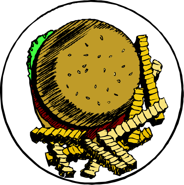 The black and white illustration shows a hamburger with french fries on top of it placed next to an image of French toast covered in syrup.