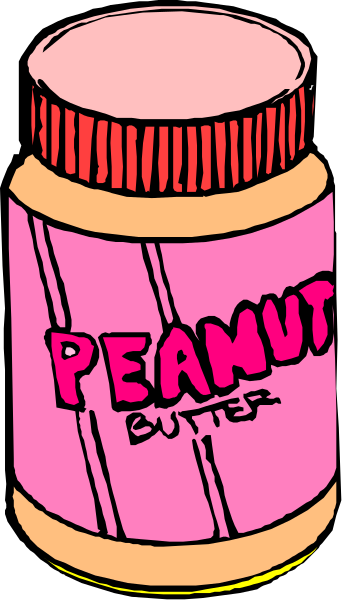 The image shows a bottle of peanut butter with pink labeling that reads "peanut butte" on it.
