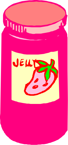 The image shows a jar of jelly with an illustration on it that resembles strawberries, placed against a pink background in front of what appears to be another bottle labeled "JELLY."