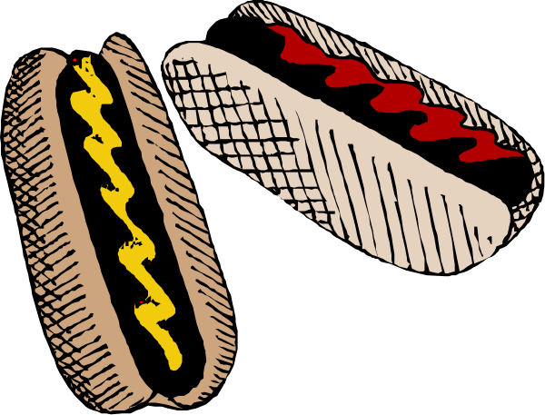 The black and white illustration shows a variety of hot dogs with different toppings such as mustard, ketchup, onions, relish, sauerkraut, chili, cheese, jalapenos, mayonnaise, pickles, bacon bits, grilled peppers, coleslaw and more.