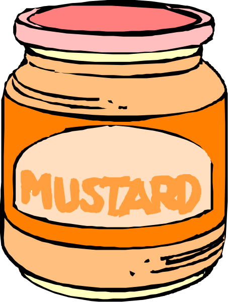 The image shows a jar of mustard with an orange label that reads "MUSTARD" on it placed next to another similar-looking but unlabeled jar in front of which is written "Mustard."