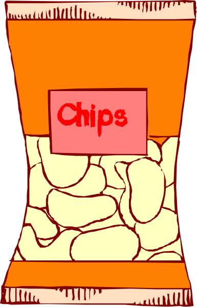 The image shows a cartoon of an open bag filled with potato chips labeled "chips" on it, placed in front of what appears to be another chip-filled package that is partially visible behind it.