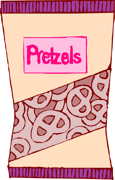The image shows a cartoon of two pretzel snacks with icing on them placed next to each other inside what appears to be an open package labeled "pretzels." There is also text that reads "Pretzels" in pink letters atop one end of the packaging, and below it are three small images resembling a smiley face. The background features a simple gray color with no additional details or objects present.