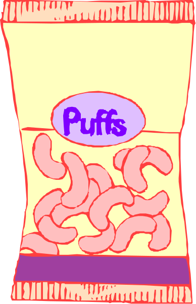 The picture shows a package of Puffs cereal with an illustration on it depicting several pieces of candy corn in front of the text "Puff" which is also written above them.