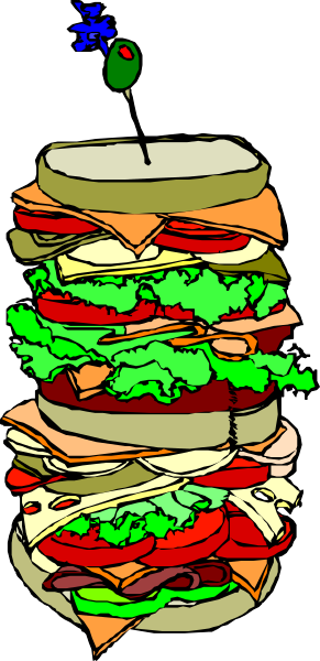 The image shows a tall stack of sandwiches with various toppings such as lettuce, tomato, cheese, meat, vegetables, breads, condiments, and other ingredients commonly found in sandwich making; it is presented against a gray background that does not provide any additional context or setting.
