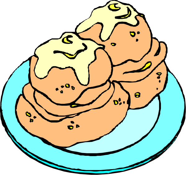The image shows a plate with three pancakes topped with syrup on it next to another similar stack of two plates also containing pancakes in an indoor kitchen environment.