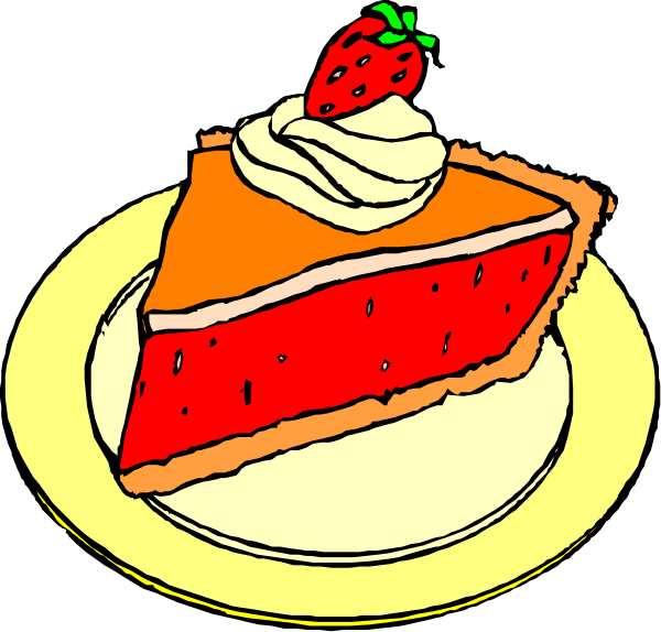 The image shows a slice of pie with whipped cream on top placed next to two strawberries; it is set against an orange background that resembles cake frosting.