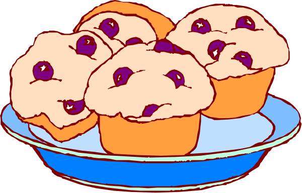 The image shows a blue plate with two muffins on it; each has purple berries as toppings.