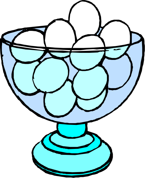The cartoon shows a bowl filled with eggs on top of an egg tray placed inside another larger blue glass dish that is sitting atop a table in what appears to be someone's kitchen area.