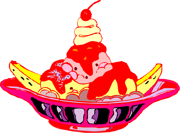 The image shows a cartoon of an ice cream sundae with various toppings on it inside a bowl that is placed in front of another similar dessert without any visible topping.