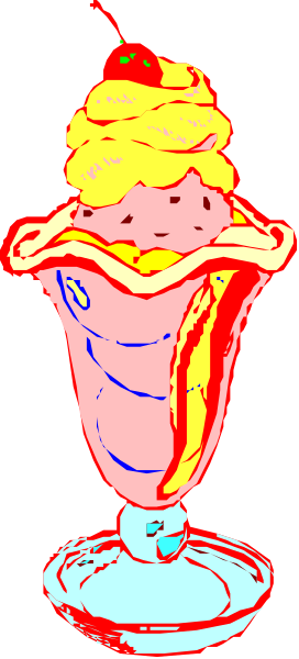 The image shows a cartoon ice cream cone with two scoops of vanilla ice cream on top, sitting next to an illustration of a strawberry in its green leafy stem atop another piece of fruit that appears to be raspberries.