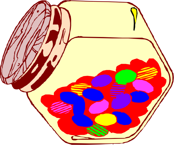 The image shows a jar filled with colorful candy pieces next to an open lid that has been removed from it.