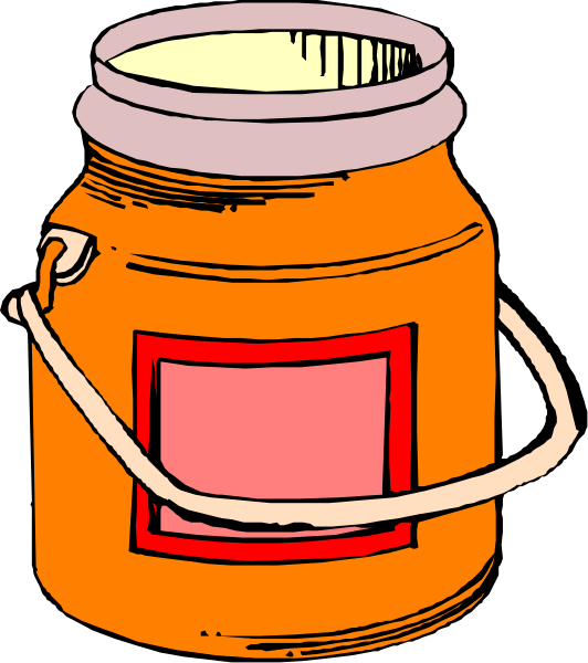 The illustration shows a jar with an orange label hanging from it by two strings attached to its lid; there is no visible content inside the jar except for what appears to be cream at one end of the handle, suggesting that this might have been used as a container or dispenser in some way.