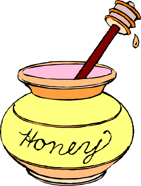 The illustration shows a jar of honey with text that reads "HONEY" on it next to an open beehive from which drips honey onto a spoon inside another container labeled as such.