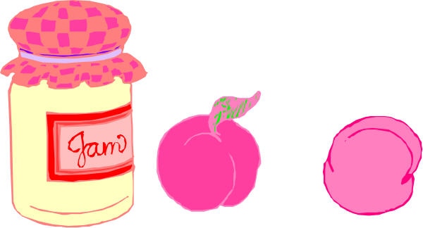 The illustration shows three jars with labels: "Jam," a jar of fruit (possibly apples), and another labeled item that is partially obscured by an apple; all items have pink accents, suggesting decorative elements like flowers on top or around them.