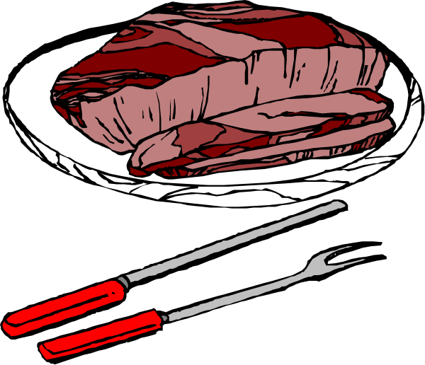 The image shows a plate of sliced meat with two red tongs on either side next to it; there is also another set of utensils in front of the dish that includes what appears to be an orange spatula and possibly other kitchen tools, all depicted against a black background.