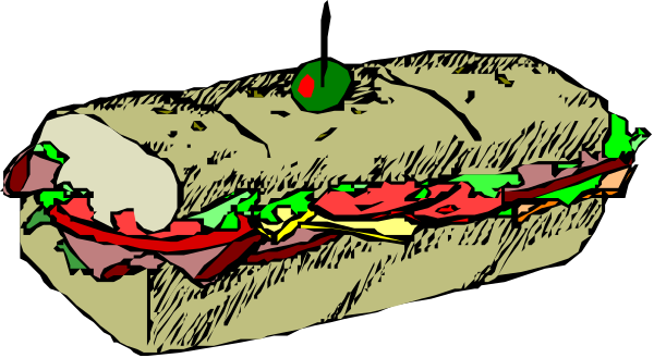The black and white illustration shows a submarine sandwich with various toppings such as lettuce, tomato, cheese, meatballs, olives, pickles, mustard, ketchup, mayonnaise, onions, peppers, banana pepper slices, jalapeno slice, hot sauce bottle and toothpicks.