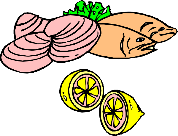 The image shows a cartoon of various food items including fish with an open mouth revealing its teeth, slices of lemon on top right corner, carrots in front center bottom, and two whole lemons at lower left side.