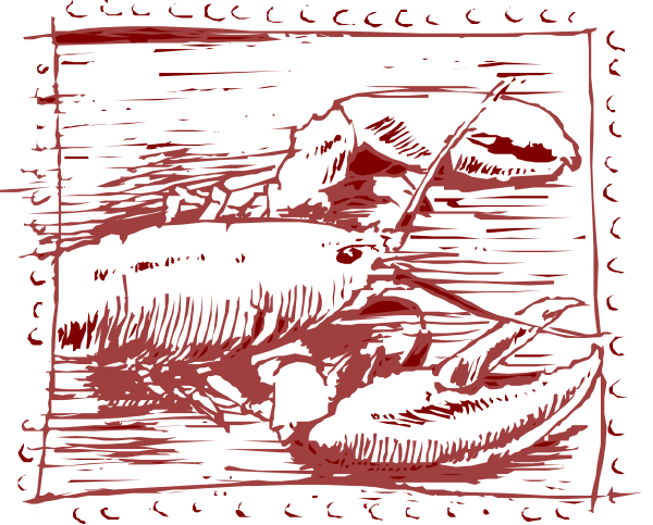 The image shows a black and white illustration of two lobsters on either side with fishing rods; there is also an octopus in between them holding one rod while sitting atop another.