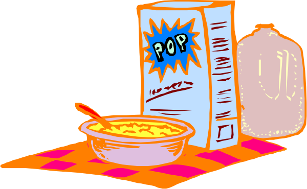 The image shows a cartoon depiction of breakfast items on a table: cereal box with "pop" written across it in bold letters; milk jug next to an open bowl filled with what appears to be oatmeal, and two bottles labeled as juice boxes or containers for liquid refreshment.