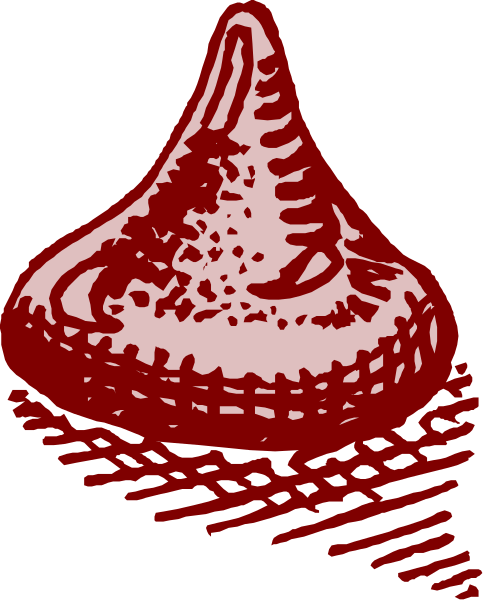 The image shows a cartoon of an Hershey's chocolate bar with its wrapper peeled back to reveal two kisses inside it against a red background.