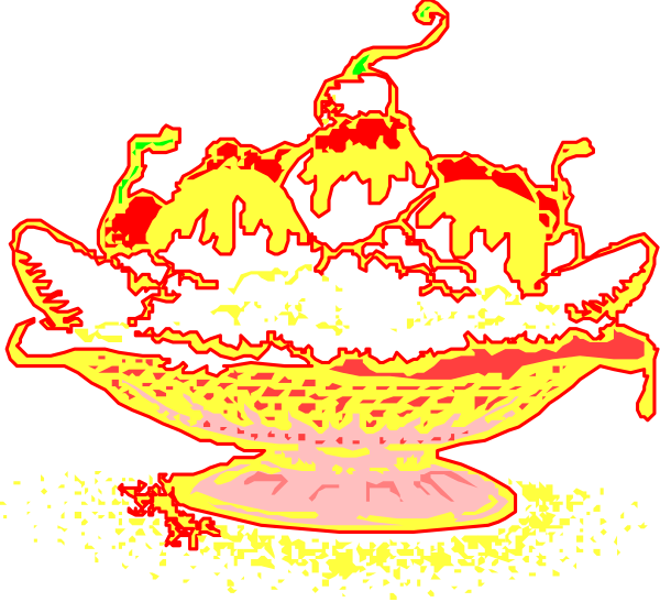 The image shows a cartoon depiction of an ice cream sundae with three scoops on top, served in a bowl that is placed inside another larger bowl filled with sprinkles; there's also a small flame atop one of the scoops and two cherries are visible.