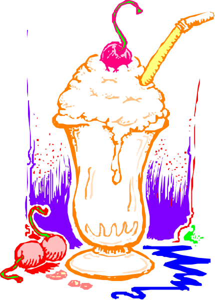 The image shows a colorful cartoon of an ice cream sundae with cherries on top next to two straws in front of it, set against a dark background that resembles nighttime; there is also what appears to be a cherry and some water droplets at the bottom.