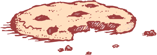 The image shows a cookie with bite marks on it next to some blood splatters that resemble brains.