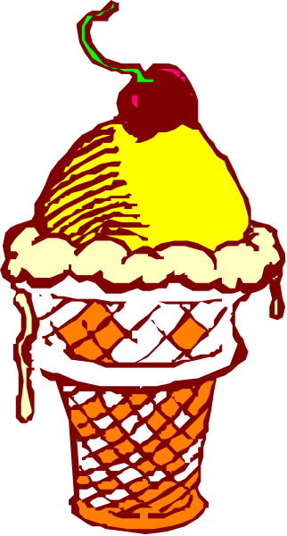 The image shows a cartoon ice cream cone with two scoops of vanilla ice cream on top, wearing an orange cherry hat, sitting in front of a waffle-cone shaped container that has one large red cherry and is drizzled with chocolate syrup at the bottom.