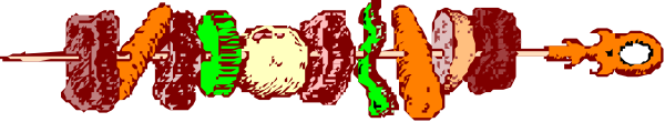 The image shows a row of colorful kebabs on skewers against a dark background with no other discernible details visible in this small clip-art format.