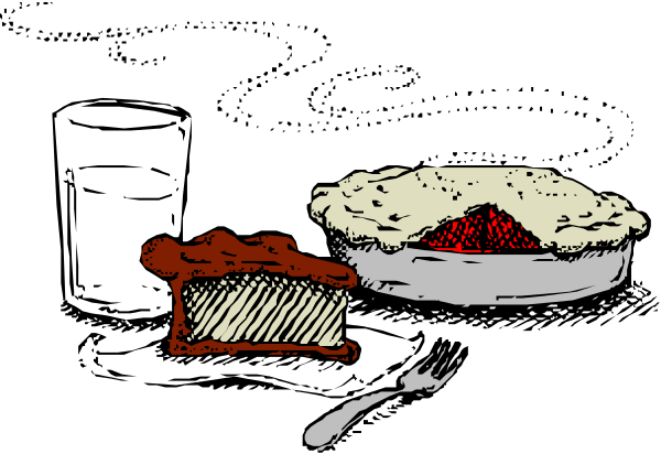 The image shows a slice of pie with strawberries on top next to a glass filled with water, both placed on what appears to be a dining table; there is also an illustration of a fork in front of them and another piece of cake beside it.