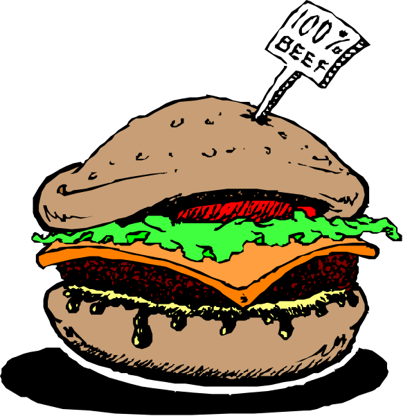 The black and white illustration shows a hamburger with lettuce on top of it inside an open bun, placed against a dark background; there is no text present in this image.