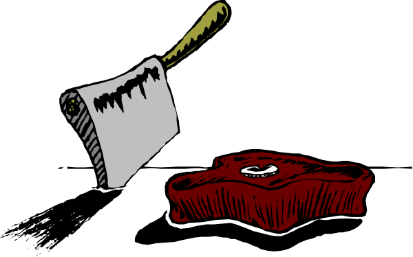 The black and white illustration shows a hammer with an axe head resting on top of what appears to be a red object that could represent either meat or fabric in front of it; there is no text present, so any interpretation regarding objects' identities remains speculative based solely on the image content.