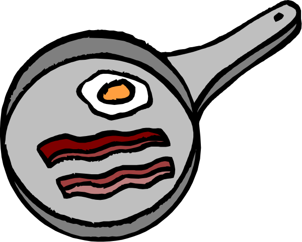 The image shows a cartoon of an egg with bacon strips on top next to a cup filled with coffee beans labeled "coffee" in black text atop it; both items appear against a dark background, and there's no other discernible content or setting present within the frame.