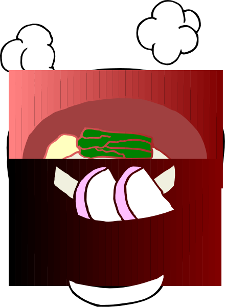 The image shows a cartoon of an open sandwich with various ingredients inside it against a red background; there is no text present in this clip-art illustration.
