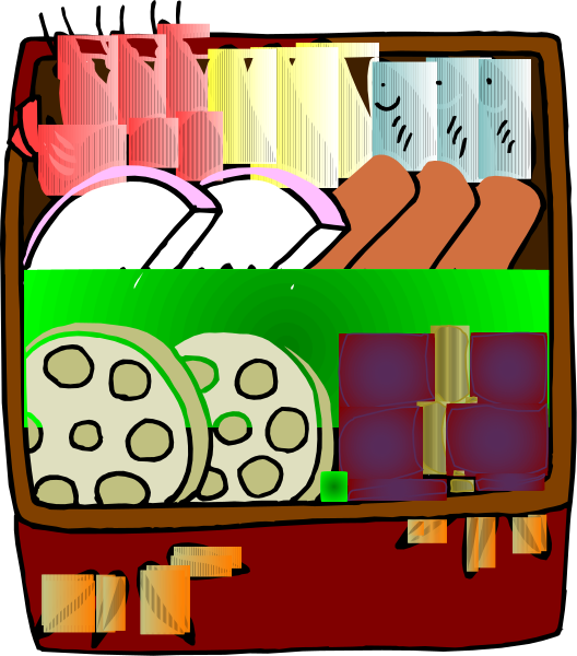 The image shows a cartoon depiction of an open refrigerator filled with various food items such as pizza slices on top shelf, hot dogs in middle drawer, sandwiches at bottom right corner, bottles near back wall and front door shelves, all set against red background inside white borders.