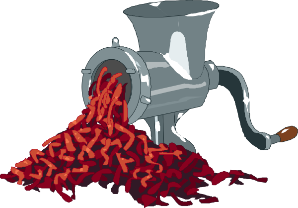 The image shows a cartoon depiction of an industrial machine with red spaghetti noodles pouring out from it into what appears to be a large hopper below.