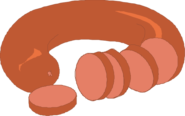 The image shows a cartoon of an elongated red object with multiple segments that resemble sausages forming two loops on either side; it is set against a plain background without any additional context provided in this clip-art format.