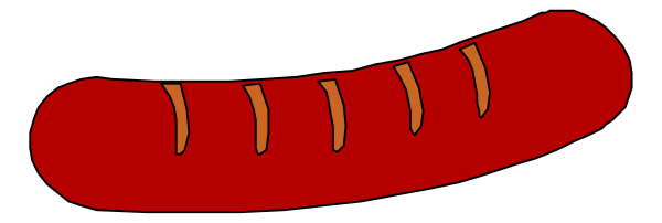 The image shows a cartoon hot dog with mustard on it against a gray background.