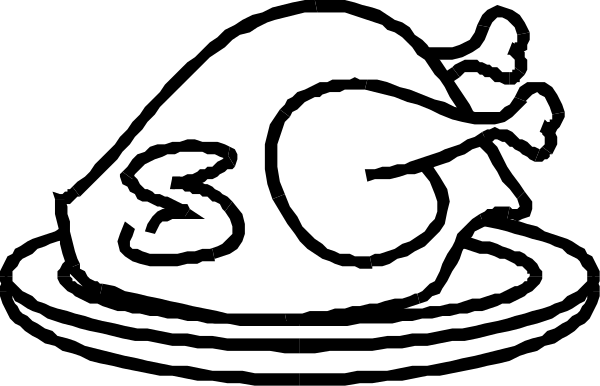 The black and white illustration shows a cartoon turkey with its head inside an oven door that has been drawn on top of it to resemble a pie crust.
