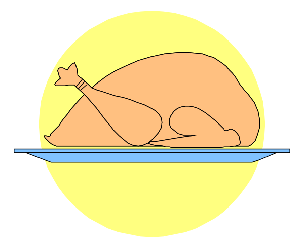 The image shows a cartoon of an orange turkey with its head sticking out from behind what appears to be a blue plate on top of water in front of it; there is also a yellow sunset background, and no other objects can be identified due to size constraints within this clip-art style.