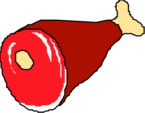The image shows a cartoon depiction of two pieces of meat on sticks with red sauce around them against a black background.