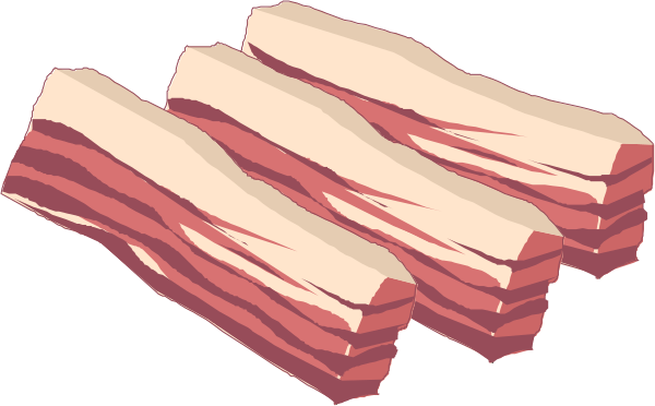 The image shows a row of six slices of bacon on top of each other against a black background with no additional context provided about their location or any surrounding elements.