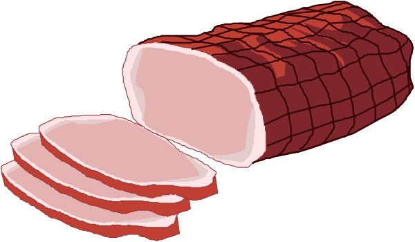 The image shows a closeup of sliced meat on display with some pieces missing from it.