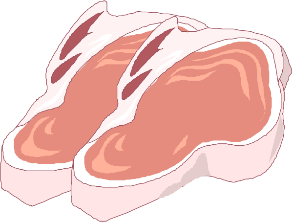 The image shows a closeup of two slices of meat with visible fatty edges placed on top of each other against an indistinct background that does not provide any additional context about location or activity beyond what is immediately apparent from the objects themselves.