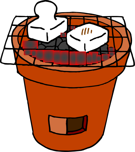 The illustration shows a red bucket with two pieces of food on top placed over an open grill filled with charcoal briquettes that is emitting heat; there's also some ice in it, and to its right sits another smaller container containing more coals or wood chips for the fire.