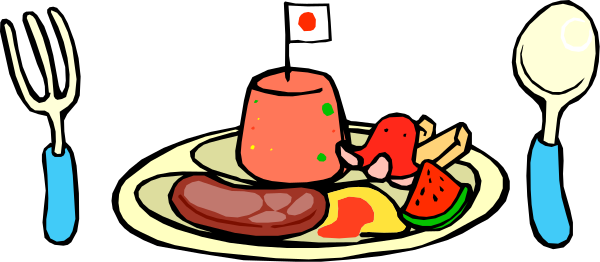 The image shows a cartoon depiction of an outdoor dining scene with various food items on plates placed around it: there's meatloaf in front of what appears to be a fish character; next to that, utensils like forks and spoons can be seen along with strawberries. To the right side is another plate containing more fruits such as apples and oranges alongside some vegetables including carrots. The background features an outdoor setting under clear skies where you see trees in the distance.