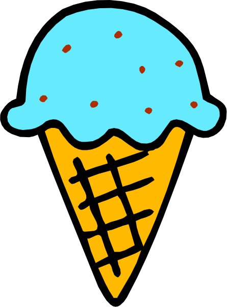 The image shows a cartoon ice cream cone with two scoops of blue ice cream on top, sitting next to an orange cookie that has chocolate chips in it.