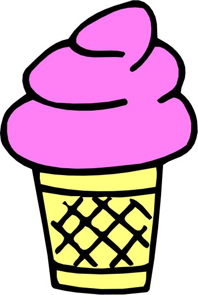 The image shows a pink ice cream cone with vanilla soft serve inside it on top of an illustration that resembles a waffle cone wrapper design.